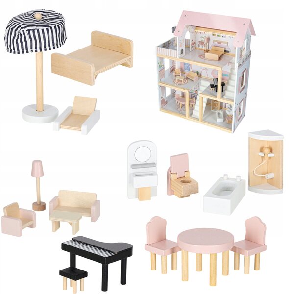 78 cm großes Puppenhaus aus Holz mit Möbeln und rosa LED-Beleuchtung