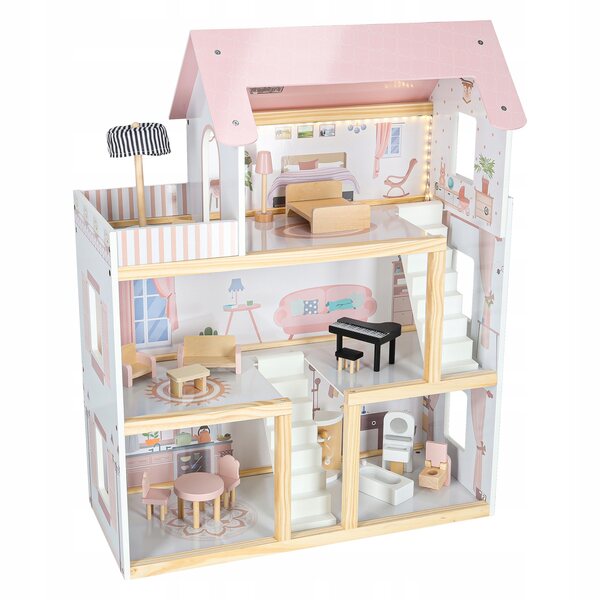 78 cm großes Puppenhaus aus Holz mit Möbeln und rosa LED-Beleuchtung