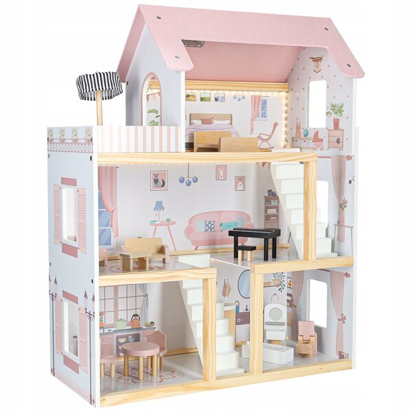 78 cm großes Puppenhaus aus Holz mit Möbeln und rosa LED-Beleuchtung