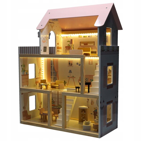 78 cm großes Puppenhaus aus Holz mit Möbeln und rosa LED-Beleuchtung