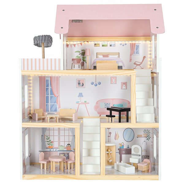 78 cm großes Puppenhaus aus Holz mit Möbeln und rosa LED-Beleuchtung
