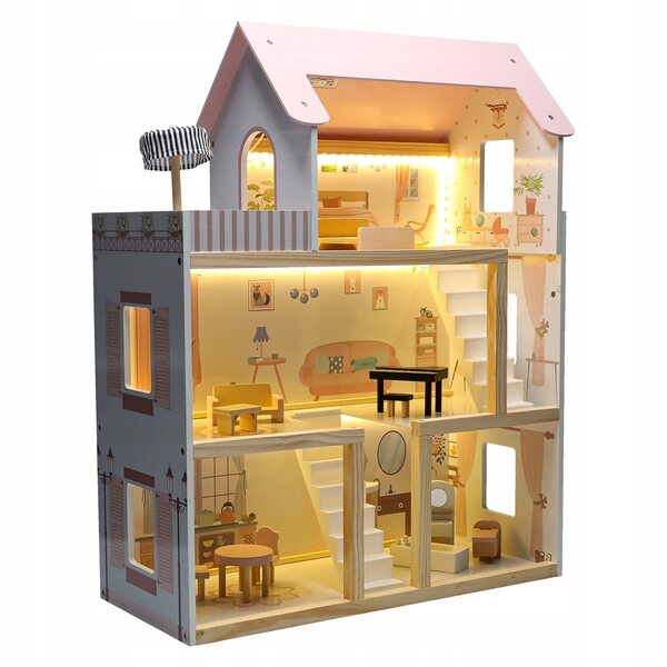 78 cm großes Puppenhaus aus Holz mit Möbeln und rosa LED-Beleuchtung
