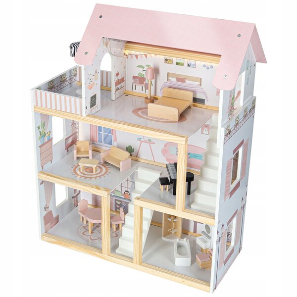 78 cm großes Puppenhaus aus Holz mit Möbeln und rosa LED-Beleuchtung