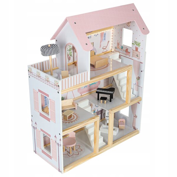 78 cm großes Puppenhaus aus Holz mit Möbeln und rosa LED-Beleuchtung