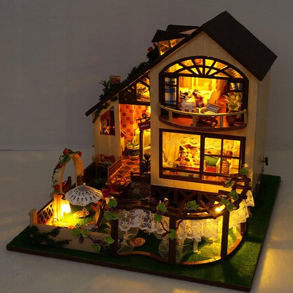 Casa delle bambole Miniatura set fai da te in legno con luci e mobili