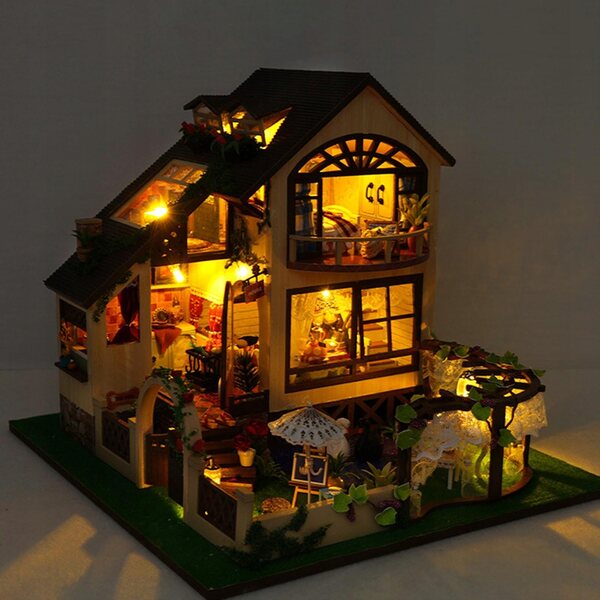 Casa delle bambole Miniatura set fai da te in legno con luci e mobili