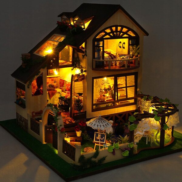 Casa delle bambole Miniatura set fai da te in legno con luci e mobili