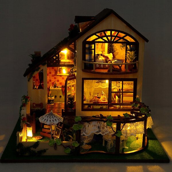 Casa delle bambole Miniatura set fai da te in legno con luci e mobili