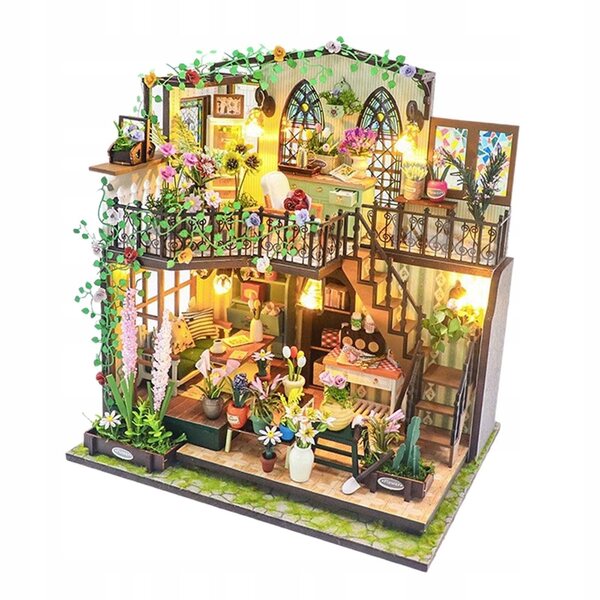 DIY Puppenhaus-Miniatur-Set aus Holz mit Möbeln und Lichtern