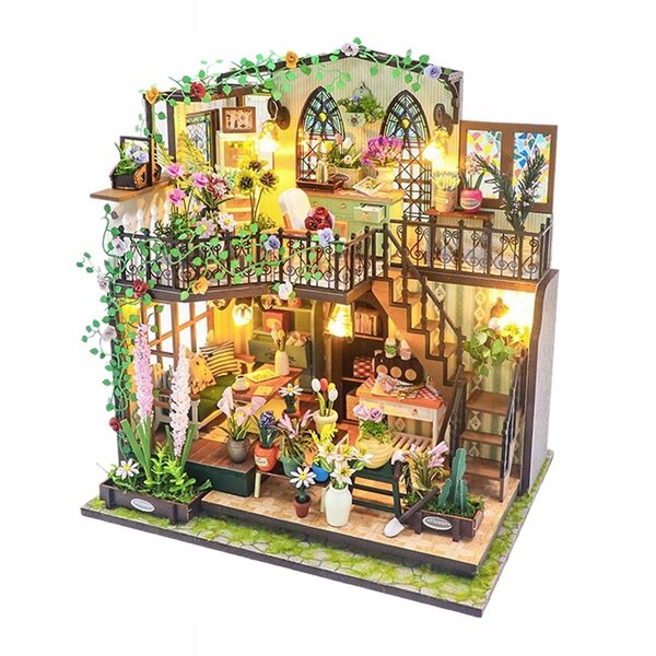 DIY Puppenhaus-Miniatur-Set aus Holz mit Möbeln und Lichtern