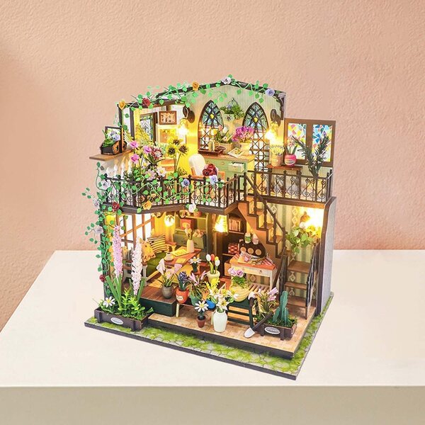 DIY Puppenhaus-Miniatur-Set aus Holz mit Möbeln und Lichtern