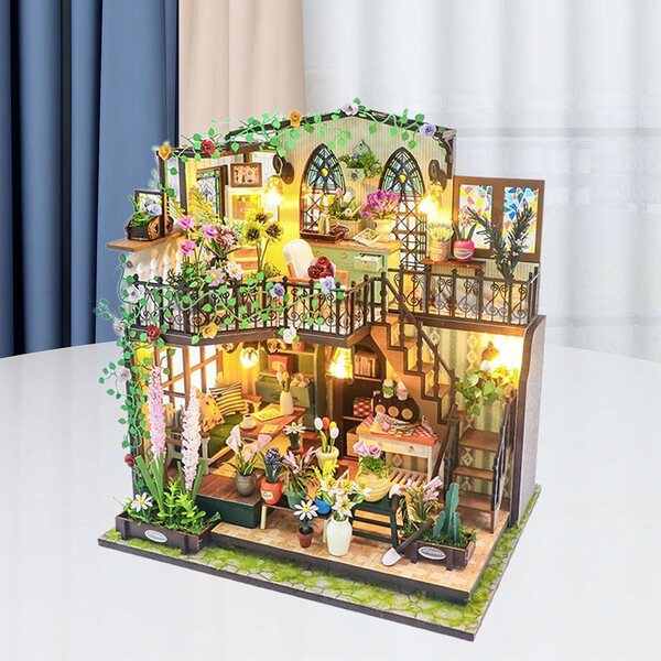 DIY Puppenhaus-Miniatur-Set aus Holz mit Möbeln und Lichtern