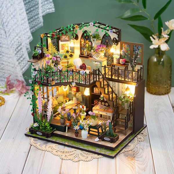 DIY Puppenhaus-Miniatur-Set aus Holz mit Möbeln und Lichtern