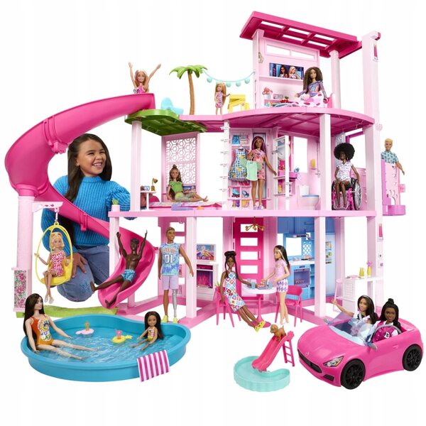 Barbie Dreamhouse Traumhaus: großes Puppenhaus mit 3 Etagen, Geräuschen und 75 Zubehörteilen