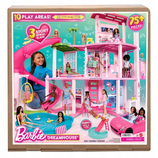 Barbie Dreamhouse Traumhaus: großes Puppenhaus mit 3 Etagen, Geräuschen und 75 Zubehörteilen