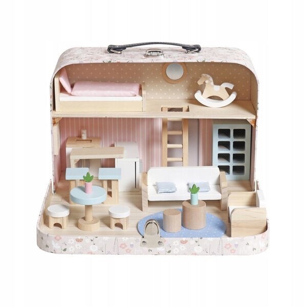 Casa delle bambole in valigia rosa con 25 mobili in legno 31x22 cm