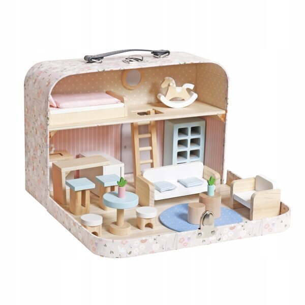 Casa delle bambole in valigia rosa con 25 mobili in legno 31x22 cm