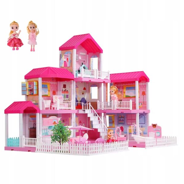 Grande villa 3in1 per casa delle bambole con mobili, bambole e cani, terrazze e giardino