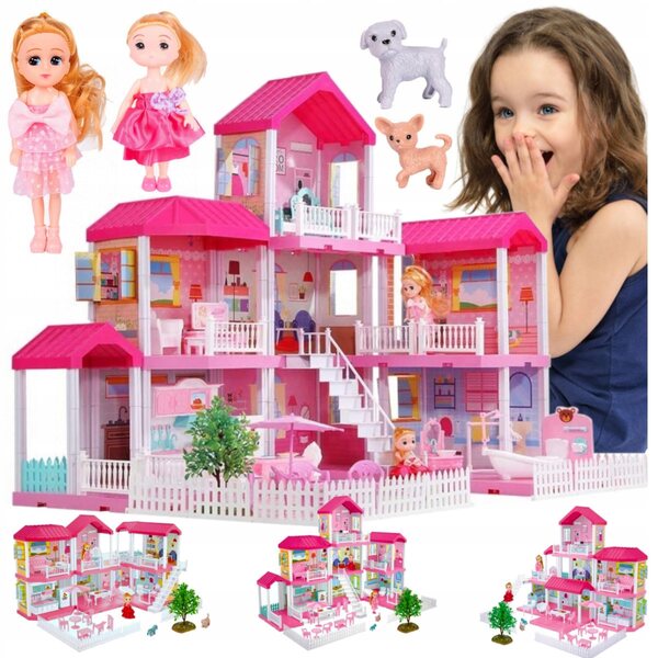 Grande villa 3in1 per casa delle bambole con mobili, bambole e cani, terrazze e giardino