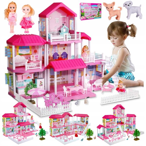 Grande villa 3in1 per casa delle bambole con mobili, bambole e cani, terrazze e giardino