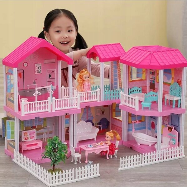 Grande villa 3in1 per casa delle bambole con mobili, bambole e cani, terrazze e giardino
