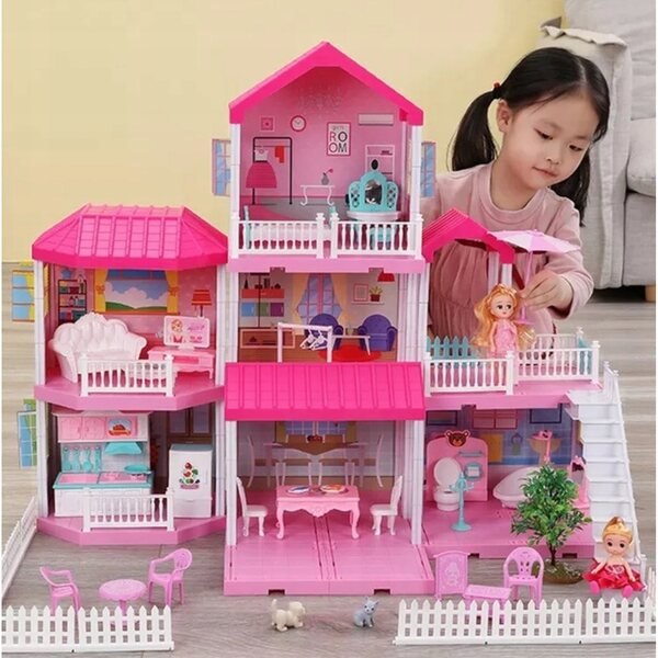 Grande villa 3in1 per casa delle bambole con mobili, bambole e cani, terrazze e giardino