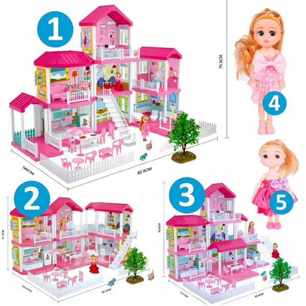 Grande villa 3in1 per casa delle bambole con mobili, bambole e cani, terrazze e giardino