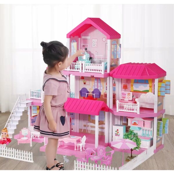 Grande villa 3in1 per casa delle bambole con mobili, bambole e cani, terrazze e giardino