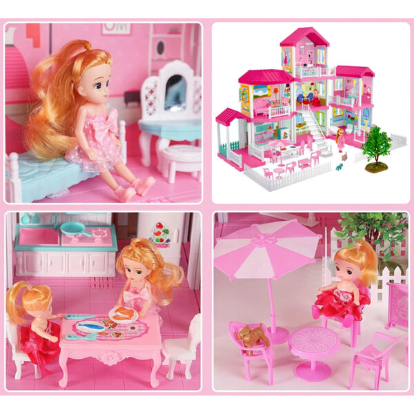 Grande villa 3in1 per casa delle bambole con mobili, bambole e cani, terrazze e giardino