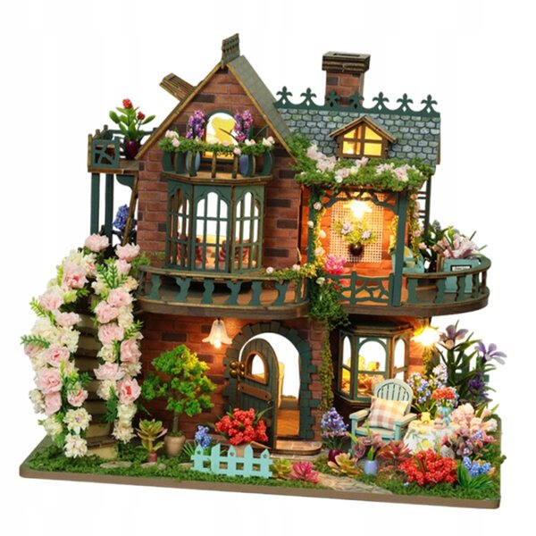 Ein Set zur Selbstmontage eines Miniaturhauses aus Holz mit LED