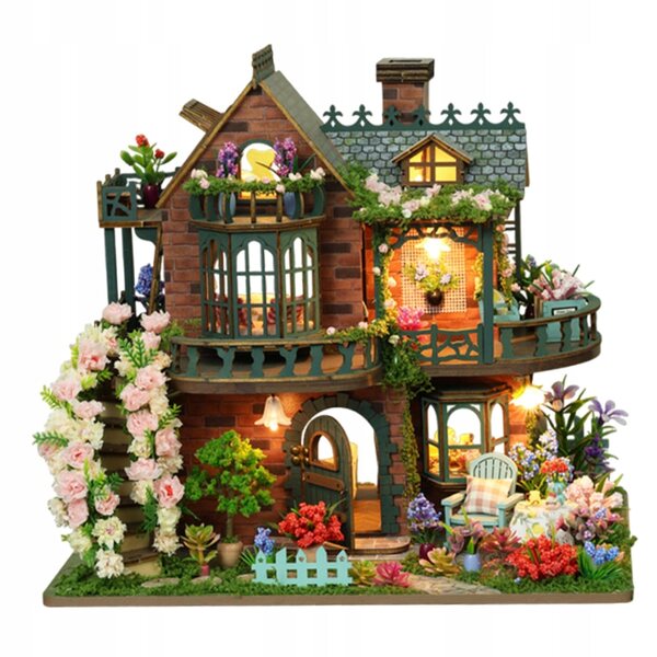 Ein Set zur Selbstmontage eines Miniaturhauses aus Holz mit LED