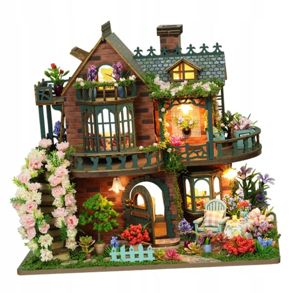 Ein Set zur Selbstmontage eines Miniaturhauses aus Holz mit LED