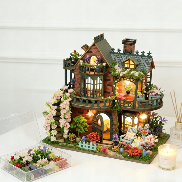 Ein Set zur Selbstmontage eines Miniaturhauses aus Holz mit LED