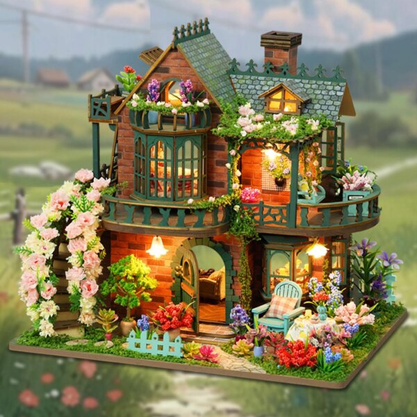 Ein Set zur Selbstmontage eines Miniaturhauses aus Holz mit LED
