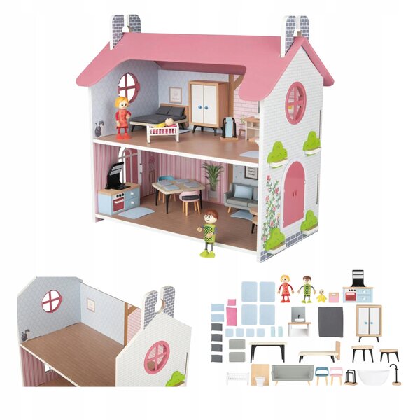 Dollhouse in legno Pink Cottage con arredi e 2 bambole, gioco creativo 3+