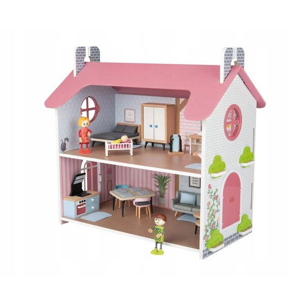 Dollhouse in legno Pink Cottage con arredi e 2 bambole, gioco creativo 3+
