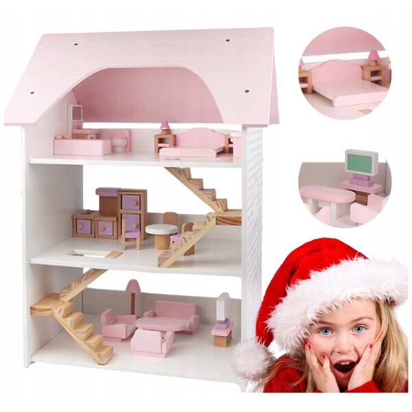3-stöckiges 66 cm großes Puppenhaus aus Holz mit Möbeln, kreatives Spiel für Kinder