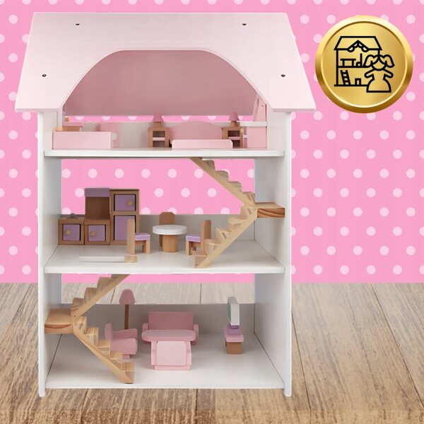 3-stöckiges 66 cm großes Puppenhaus aus Holz mit Möbeln, kreatives Spiel für Kinder