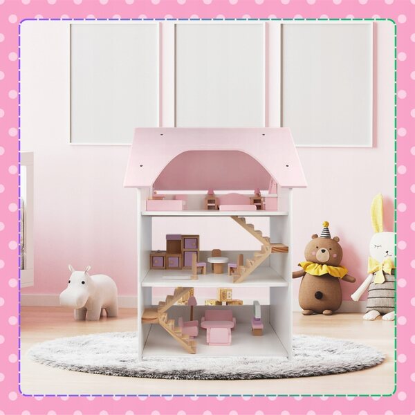 3-stöckiges 66 cm großes Puppenhaus aus Holz mit Möbeln, kreatives Spiel für Kinder