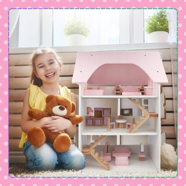 3-stöckiges 66 cm großes Puppenhaus aus Holz mit Möbeln, kreatives Spiel für Kinder