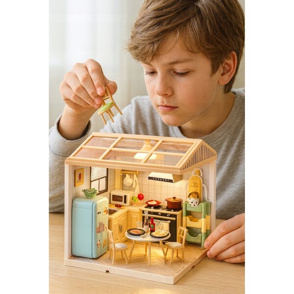 Miniatur-DIY-Spielküche mit LED-Lichtern und 125 Elementen für Kinder ab 6 Jahren