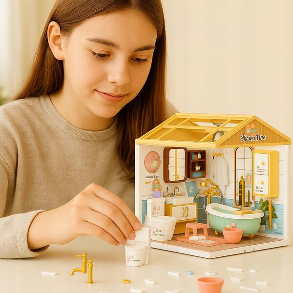 3D-Badezimmer-Miniatur mit LED-Leuchten, 105-teiliges Set zum kreativen Bauen
