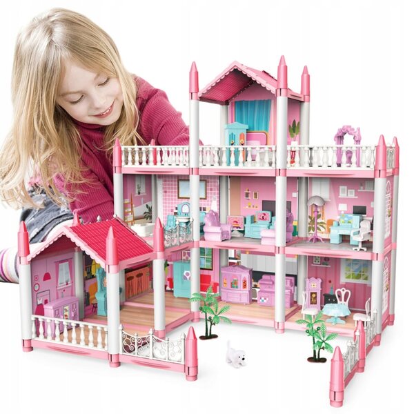 Grande Casa delle Bambole con Mobili, Terrazza, Giardino e Cane, Gioco Creativo
