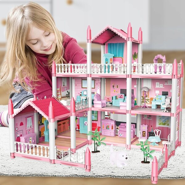 Grande Casa delle Bambole con Mobili, Terrazza, Giardino e Cane, Gioco Creativo