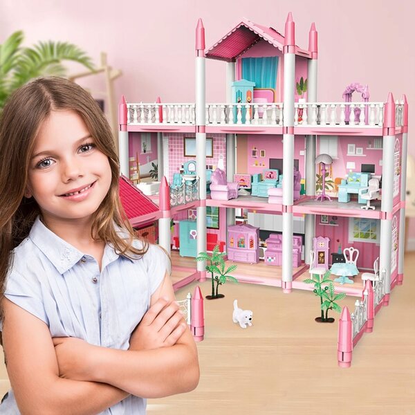 Grande Casa delle Bambole con Mobili, Terrazza, Giardino e Cane, Gioco Creativo