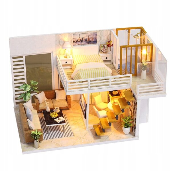 Dollhouse Habarri in Legno con Luci LED, Casetta Moderna a Due Piani 13 cm