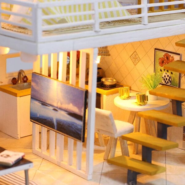 Dollhouse Habarri in Legno con Luci LED, Casetta Moderna a Due Piani 13 cm