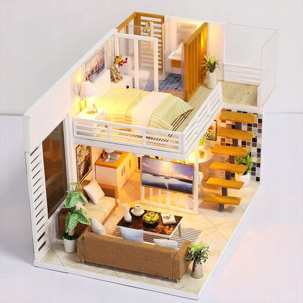 Dollhouse Habarri in Legno con Luci LED, Casetta Moderna a Due Piani 13 cm
