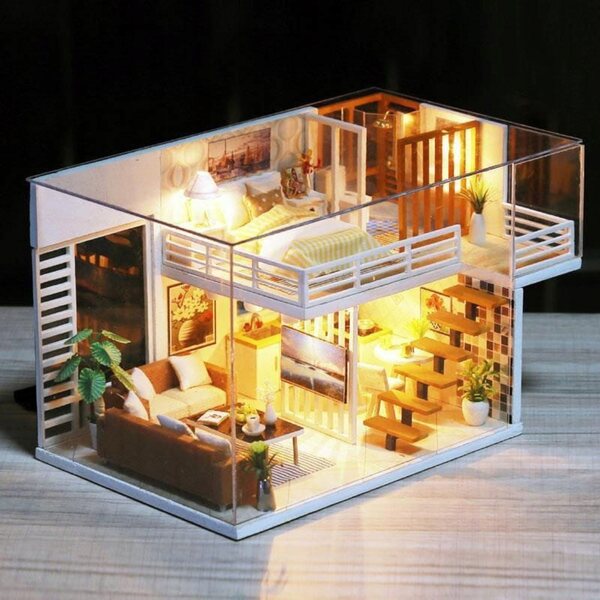 Dollhouse Habarri in Legno con Luci LED, Casetta Moderna a Due Piani 13 cm