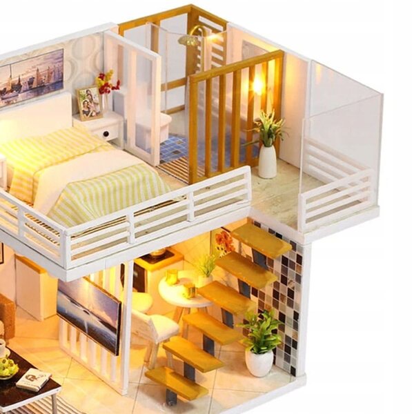 Dollhouse Habarri in Legno con Luci LED, Casetta Moderna a Due Piani 13 cm